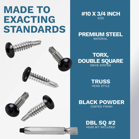 250 Pack Black Self Tapping Sheet Metal Screws For RV And Trailer Skin, Number Ten By Three Quarters Inch With Double Square Drive Bit