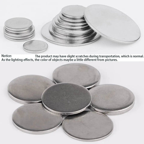 10 Piece 304 Stainless Steel Disc Blanks Set, Round Metal Discs 32mm To 50mm, 4mm Thick, Stacked and Arranged