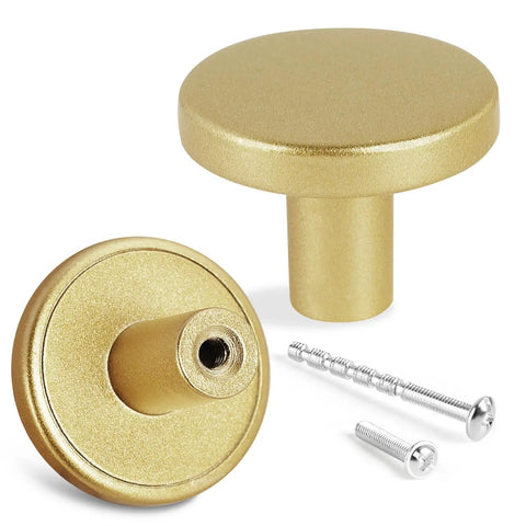 Hella Slick Gold Drawer Knobs With Screws 30mm Cabinet Pulls For Kitchen Cabinets Dresser Furniture Upgrades Heavy Duty Rust Resistant Premium Quality view showing flat top and dual mounting screws.