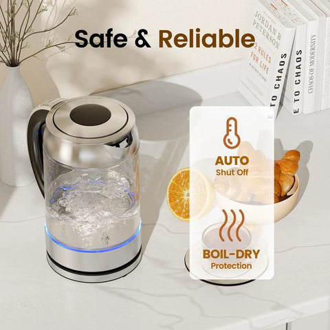 1.7L Glass Electric Kettle for Coffee and Tea With 6 Temperature Presets on kitchen counter