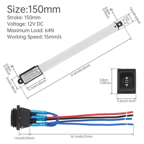 Compact 12V Mini Linear Actuator With Rocker Switch showing size 150mm, stroke specifications, and connection details.