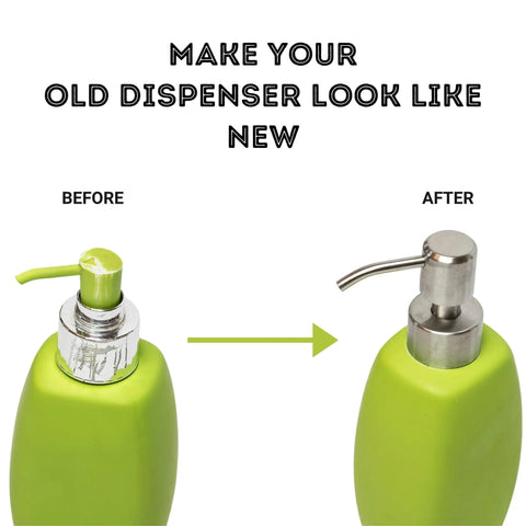 Soap Dispenser Pump Head Replacement For Standard 28 400 Neck Size 26 To 28 Mm Stainless Steel Brushed Finish No Fuss Bottle Use Only Universal Fit For Most Bottled Soap Dispensers. Image shows before and after comparison of green dispenser with replaced stainless steel pump head.