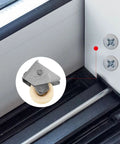 Top Shelf Stainless Steel Sliding Door Roller Featuring Adjustable Window Track Wheel For Dead Simple Installation And Dang Tough Performance On House Projects, close-up of roller and track.