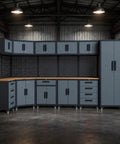 Tough As Nails 16 Piece Metal Garage Cabinet Collection featuring modular wall units and heavy-duty steel frame in garage.