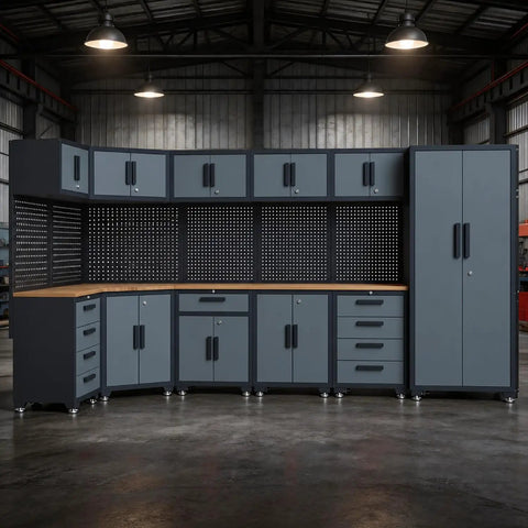 Tough As Nails 16 Piece Metal Garage Cabinet Collection featuring modular wall units and heavy-duty steel frame in garage.
