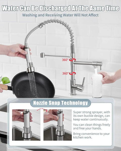 RV Kitchen Faucet With Soap Dispenser And Pull Down Sprayer, Easy Install Single Handle Deck Plate Mount, Dual Function Spray Head, Brushed Nickel Finish For Camper Farmhouse RV Kitchen Sinks in use with pan and soap dispenser
