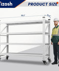 Badass 4000 Lbs Rolling Garage Shelving Rack With Heavy Duty Swivel Wheels And Fully Adjustable 4 Tier Design next to a man in a safety uniform.