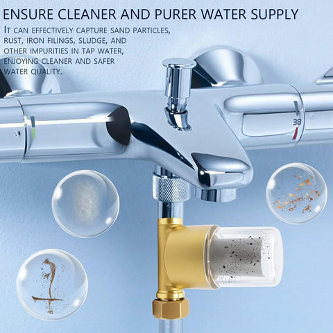 Reusable Brass Inline Sediment Filter With 40 Micron Mesh And 12 GPM High Flow showcases water purification system near faucet.