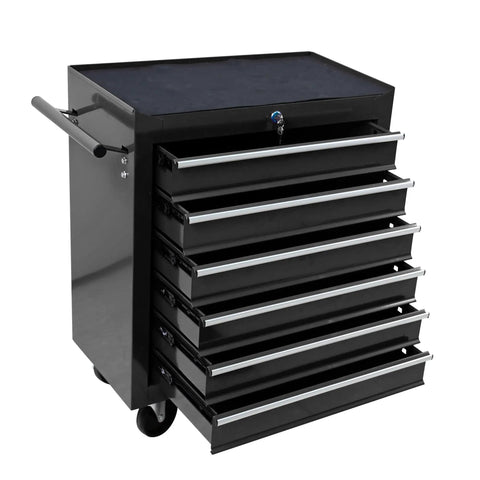 Heavy Duty Rolling Tool Chest With Six Roomy Drawers, showcasing six lockable drawers and a secure top with sleek handle.