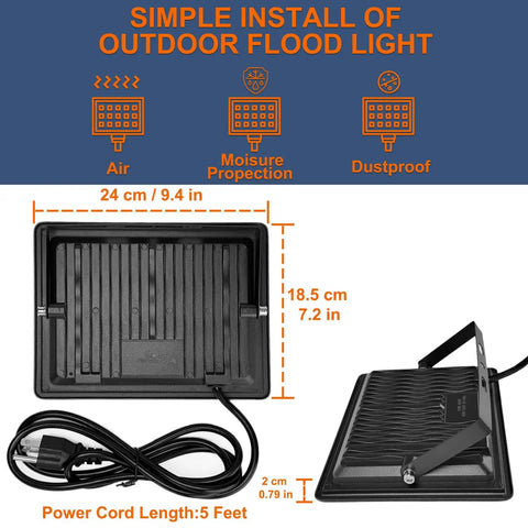 Badass 150W Led Flood Light Outdoor 18000 Lumen Daylight 6500K Ip66 Waterproof real deal with dimensions and power cord shown.