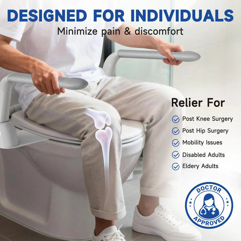 Person using Rock Solid Bathroom Safety Grab Bar With Heavy Duty Foldable Toilet Assist Rail That Handles 480 Pounds for support.