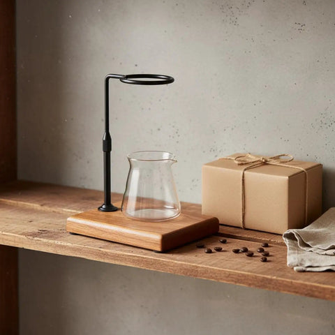 Premium Walnut Coffee Dripper Stand Adjustable Pour Over Holder with matte copper bracket and glass carafe on wooden shelf.