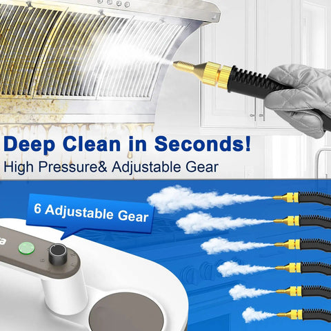 Quick Heat 10S Handheld Steam Cleaner, Chemical-Free Portable Steamer For Car, Grout, Tile, And Kitchen with adjustable nozzle cleaning grease.