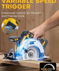 Top Tier 6 1 2 Inch Cordless Circular Saw With Brushless Motor And 8000 Rpm features variable speed trigger for precise cuts.