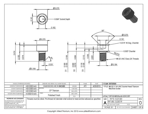 Heavy Duty Grade Two Pure Titanium Socket Head Machine Screws, #8-32 x 1/4 UNC dimensions and specifications drawing.