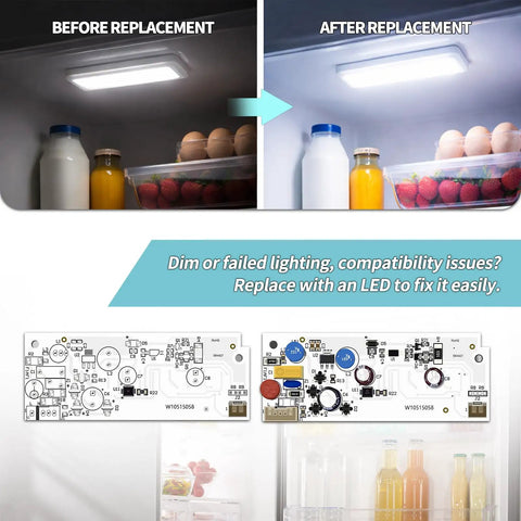 Refrigerator LED Light Replacement Kit With Main Driver W10515058 And Two LED Boards W10515057 for Kenmore Maytag Whirlpool Models image showing before and after installation in fridge.