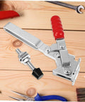 Two Pack Quick Release Toggle Clamps For Welding And Woodworking Iron Fixed Holding Clamps That Secure Materials During Welding And Assembly Heavy Duty Lock Down Fixtures For Precise Workholding Tools Easy Grip with red handle on wooden surface.