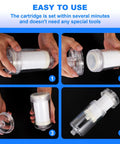 Hands assembling 2 Micron High Flow Washer Water Filter System With Visible Chamber for cleaner laundry in four steps