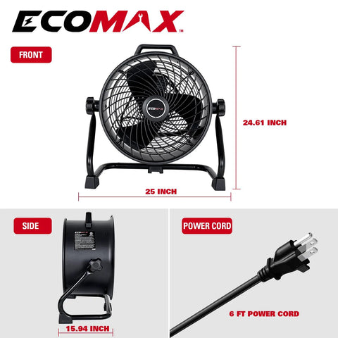 Front, side, and power cord view of 16-Inch Industrial Drum Fan With 3 Speed Settings, Go-To Heavy Duty Metal Shop Fan, UL Listed.
