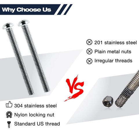 Comparison of One Stop 10 Pack Button Head Socket Cap Bolt Kit with 304 stainless steel bolts and competing standard bolts.