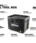 Front view of StackTech XL Tool Box Organizer with locking system, removable tray, heavy duty tool storage, black finish.