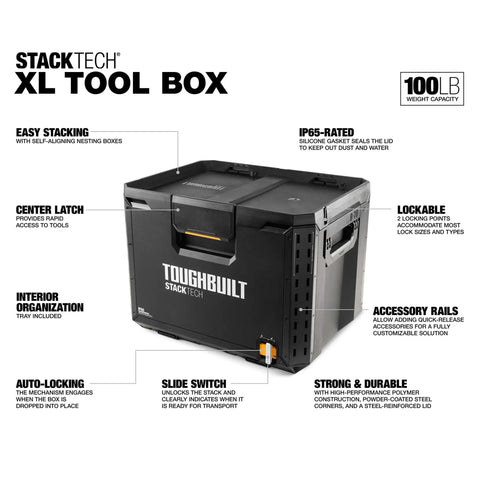 Front view of StackTech XL Tool Box Organizer with locking system, removable tray, heavy duty tool storage, black finish.