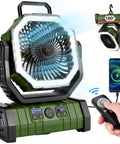 Camping Fan With LED Lantern And 30000mAh Battery, Rechargeable Tent Oscillating Fan with remote and charging phone