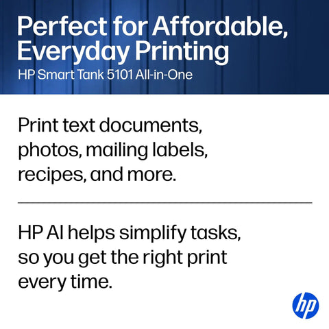 Text describing HP Smart Tank 5101 All-in-One printer capabilities including printing, scanning, and HP AI features.
