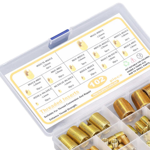 Heavy Duty Pro Grade Self Tapping Thread Inserts Kit M2 To M14 High Carbon Steel Slotted Inserts With Storage Case For Quick Reinforcement And Repair Toolset Durable Build For Demanding Projects. plastic case with assorted brass thread inserts