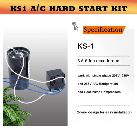 Get Your Compressor Crankin With This Heavy Duty Hard Start Kit For 3.5 To 5 Ton AC Refrigeration And Heat Pump Units showing a hard start kit with wiring and specifications.