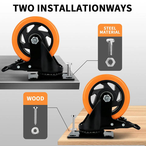 Heavy Duty 4 Inch Caster Wheels Set Of 4 With Locking Brakes And Smooth 360 Swivel Action showing steel and wood installation options.