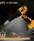 Workhorse Cordless Rivet Gun With Brushless Motor And One Button Auto Riveting For 20V Batteries Including Aluminum Rivets Quick Swap Nose And Bright Led Work Light Tool Only held in hand with built-in LED light.