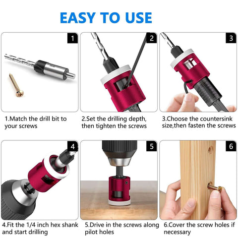 BURMONG 5-piece countersink drill bit set with adjustable depth stop, pink housing, 1/4-inch hex shank