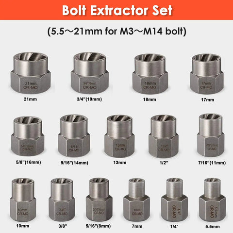 Damaged Screw Extractor Set For Stubborn Fasteners, 2-21mm size range, 39-Piece Broken Bolt Kit displayed with various socket sizes