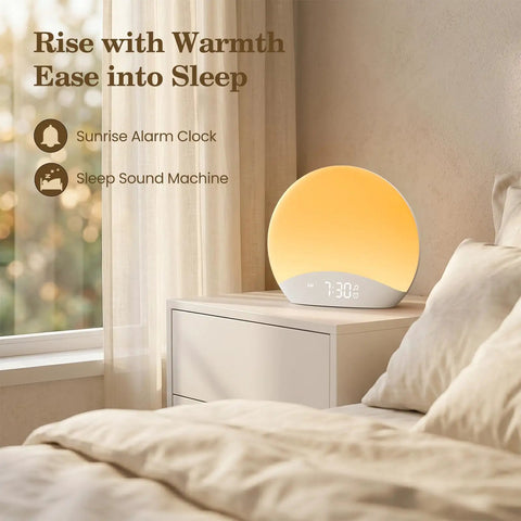 Rock Solid Sound Machine Paired With Sunrise Alarm Clock And Soothing Night Light For Chill Bedroom Upgrades Deep Sleep Cycles And Smooth Morning Wake Ups on bedside table