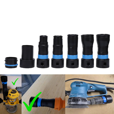 Seven Piece Vacuum Hose Expansion Adapter Kit With Quick Connectors For Home Workshop Tool Sander Dust Collection System Fits Most Vacuums, featuring various adapter sizes.