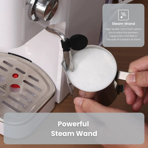 20 Bar Professional Espresso Machine With Milk Frother Steam Wand Compact Latte And Cappuccino Maker Adjustable Shot Volume White Finish Perfect Gift For Coffee Lovers with steam wand frothing milk.