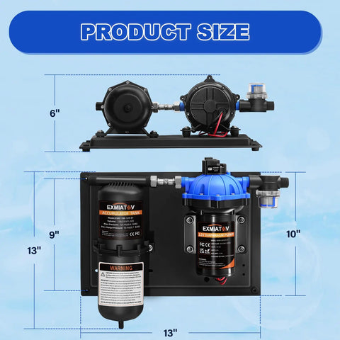 No Nonsense 110V AC Water Pump Paired With Pre Pressurized 1L Accumulator Tank, showcasing product dimensions 13" x 10".