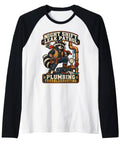 Cool Retro Raccoon Plumber Night Shift Leak Patrol Raglan Baseball Tee with artwork of raccoon and plumbing tools.