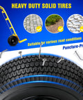 Solid Tire Set For Hand Trucks And Wheelbarrows With Ten Inch Flat Free Tires Size Four Point One Zero By Three Point Five Zero Four Five Eighths Inch Axle Bore Two Point Two Inch Hub Offset Includes Adapter Kit Two Pack shown with puncture-proof capability and suitable for various terrains.