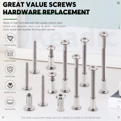 M6 X 80mm Socket Cap Bolts And Barrel Nuts Kit With Hex Key Silver Carbon Steel showing assorted fasteners for furniture assembly.