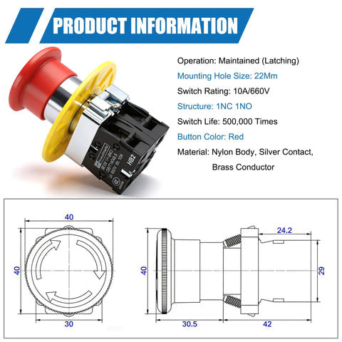 Red Mushroom Emergency Stop Push Button Switch 1NC 1NO Latching 22mm Mounting Hole 40mm Button Dia 6mm Panel Thickness Adjustable, red mushroom emergency stop switch with nylon body