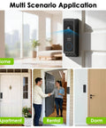 Rock Solid No Drill Adhesive Doorbell Mount For Eufy E340 installed at various home entryways including apartment and rental.