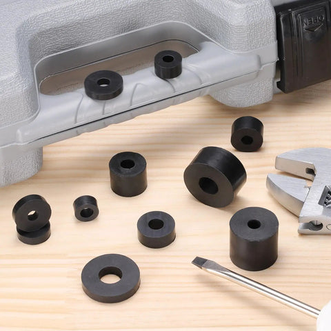 Rock Solid 36 Piece Rubber Isolator Mounts Heavy Duty Vibration Damping Spacers on wood surface, featuring various sizes of black rubber pads.