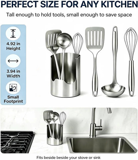 Heavy Duty Stainless Steel Kitchen Utensil Holder And Countertop Caddy Game Changer with spatulas and ladles beside sink.