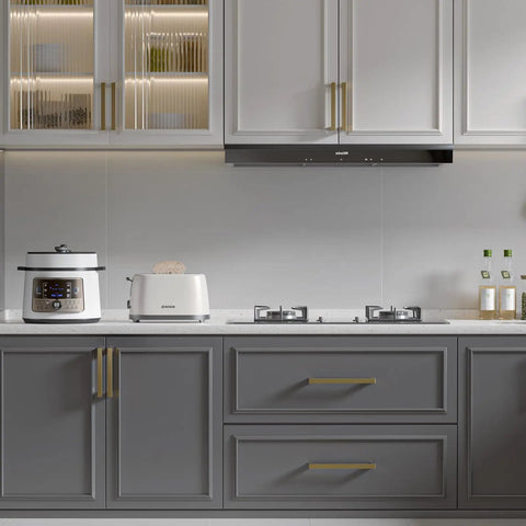 Heavy Duty 30 Pack 5 Inch Center Cabinet Pulls Featuring Slick Champagne Bronze Finish Premium Kitchen And Bathroom Drawer Handles For Smooth Top Shelf Home Makeover Hardware on gray kitchen cabinetry.