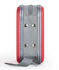 Slick Hard Plastic CD Case With Secure Slim Zipper Stores Forty Eight Discs waterproof red and gray material side view.