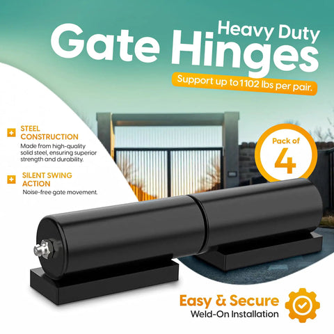 7 Inch Weld On Hinges For Metal, Black Barrel Hinge Set, 1102 Lbs Capacity Each, heavy duty black steel hinge on gate.