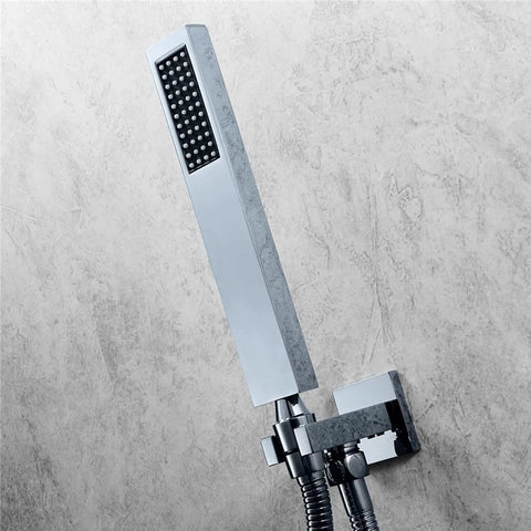 Luxury LED Rain Shower System With Built In Bluetooth Speakers And Thermostatic Faucet Set Five Function Matte Black Body Jet Kit handheld shower head with sleek chrome finish.