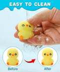 30 Pack Totally Rad Squishy Toys Mini Kawaii Mochi Squeeze Buddies yellow chick being washed under running water.